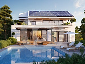 Exterior of beautiful modern house with solar panels on roof. Luxury villa with terrace and swimming pool
