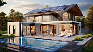 Exterior of beautiful modern house with solar panels on roof. Luxury villa with terrace and swimming pool