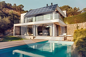 Exterior of beautiful modern house with solar panels on roof. Luxury villa with terrace and swimming pool Created with generative