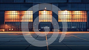 exterior of big industrial warehouse with windows at night