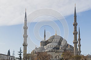 Exterior of Blue Mosque, or Sultan Ahmed Mosque, against blue sky in Istanbul, Turkey