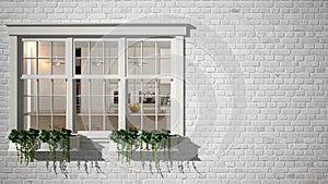 Exterior brick wall with white window with potted plant, showing interior modern kitchen, blank background with copy space