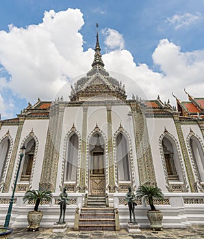 Exterior of Buddhist Temple of Phra Wiharn Yod under cloudy sky in Bangkok, Thailand