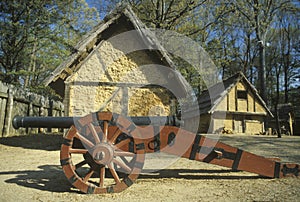 Exterior of building with cannon in historic Jamestown, Virginia, site of the first English Colony