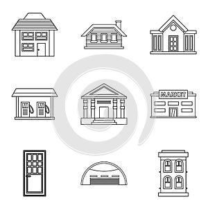 Exterior of building icons set, outline style
