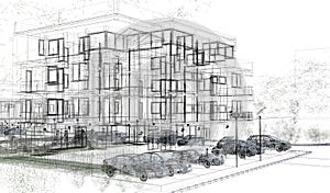 Exterior building wireframes, design rendering, architecture