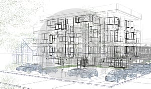 Exterior building wireframes, design rendering, architecture