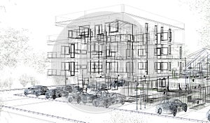 Exterior building wireframes, design rendering, architecture