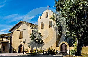 Exterior at a California mission in early morning sunlight