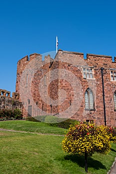 The exterior of the castle with flagpole and union flag Shrewsbury Shropshire September 2020