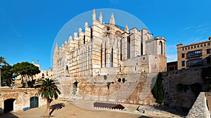 Exterior of Cathedral La Seu with inner yard, Palma de Mallorca, Spain