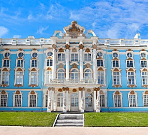 Exterior of Catherine Palace in Rococo style in Tsarskoye Selo, Pushkin, 30 km south of Saint Petersburg, Russia