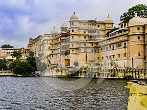 Exterior of City Palace complex (Raj Mahal) alongside the east bank of Lake Pichola, Udaipur, Rajasthan, India