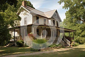 exterior of classic country home, with wrap-around porch and rocking chairs