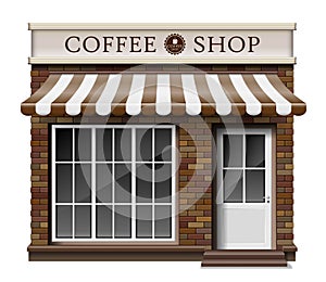 Exterior coffee boutique shop or cafe brick texture. Blank mockup of stylish realistic coffee street shop. Small 3d