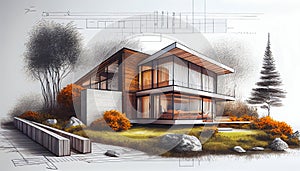 Exterior concept sketch of a modern minimalist cozy. AI generated