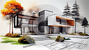 Exterior concept sketch of a modern minimalist cozy. AI generated