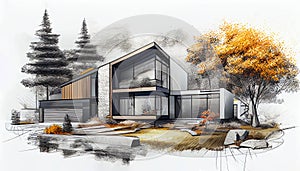 Exterior concept sketch of a modern minimalist cozy. AI generated