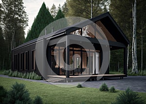 exterior concept sketch of a modern minimalist cozy house with garden in forest Generative AI