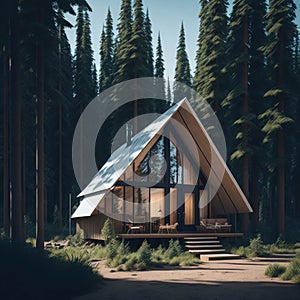 Exterior Cottage House, Large Glass Windows, Wood Structure, Deep Forest, Sunny day, generative AI