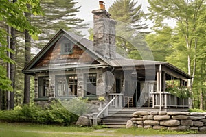 exterior of cottage with wraparound porch and stone chimney