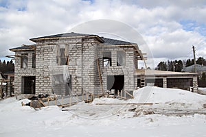 exterior of country house under construction with scaffolding and holders for gutters water drainage system of roof. Site on which