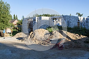 exterior of a country house under construction. Site on which th