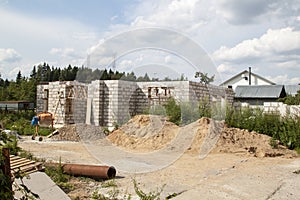 exterior of a country house under construction. Site on which th