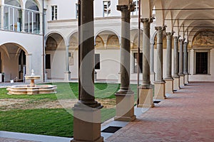 Exterior Courtyard with Arches and Columns of the Stuard Gallery in Parma, Italy
