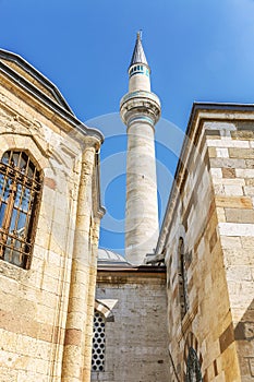 The exterior of the courtyard of the Mevlana Museum. Beautiful historic building. Bright sunny day.