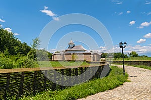 Exterior courtyard of Turnu Monastery in Targsoru Vechi near Ploiesti, Prahova. Church building, protection brick wall and old rus