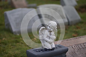 Exterior daytime shallow depth of field stock photo of angel on gravestone in Mount Hope cemetery