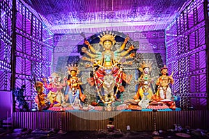 Exterior of decorated Durga Puja pandal, at Kolkata, West Bengal, India.