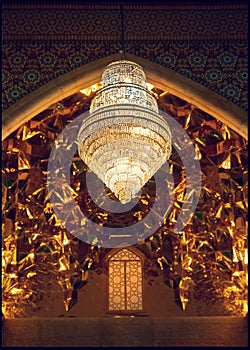 Exterior decoration of the entrance to the Shah Cheragh Mausoleum with mirror mosaics. Iran, Shiraz.