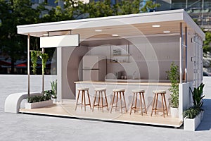 Exterior design of a minimal white street cafe or fast food restaurant facade with an empty signage