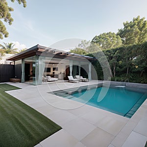 Exterior design of pool villa house and home feature infinity swimming pool and garden