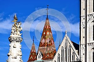 Exterior detail of the Matthias Church in Budapest. neo gothic style stone elevation.