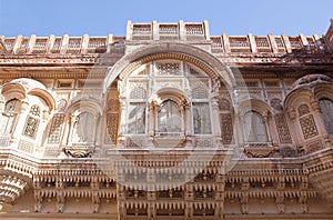 Exterior of palace in famous Mehrangarh Fort in Jodhpur, Rajasthan state, India