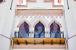 Exterior details of a medieval castle. Beautiful facade of the palace in Kossovo, Brest region, Belarus