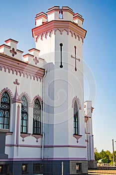 Exterior details of a medieval castle. Beautiful facade of the palace in Kossovo, Brest region, Belarus photo