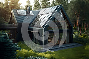 Exterior of ecologic cottage with big french windows and photovoltaics panels ,created with Generative AI technology.