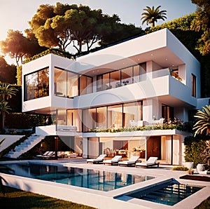 Exterior of elegant luxury resort home villa with swimming pool