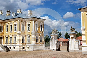 Exterior of the entrance gate to Rundale palace in Pilsrundale, Latvia.
