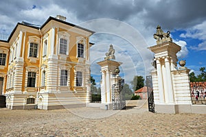 Exterior of the entrance gate to Rundale palace in Pilsrundale, Latvia.