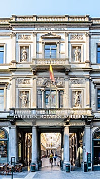 Exterior entrance of the Queen`s gallery in the Saint-Hubert Royal Galleries in Brussels, Belgium