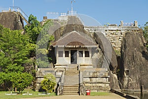 Exterior of the entrance to the Isurumuniya rock temple in Anuradhapura, Sri Lanka.