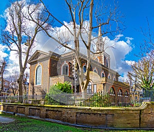 Exterior facade of St Mary\'s Anglican and Catholic Church in Rotherhithe.