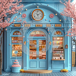 Exterior of Fairytale Blue Sweets Shop with Clock extreme closeup. Generative AI
