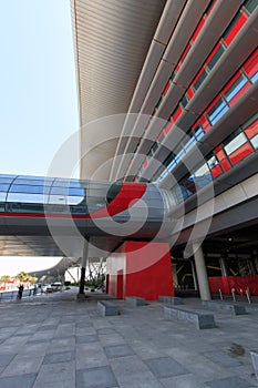 Exterior of the Ferrari World at Yas Island in Abu Dhabi, United Arab Emirates