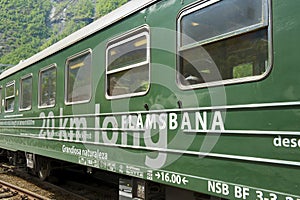 Exterior of the Flamsbana train in Flam, Norway.